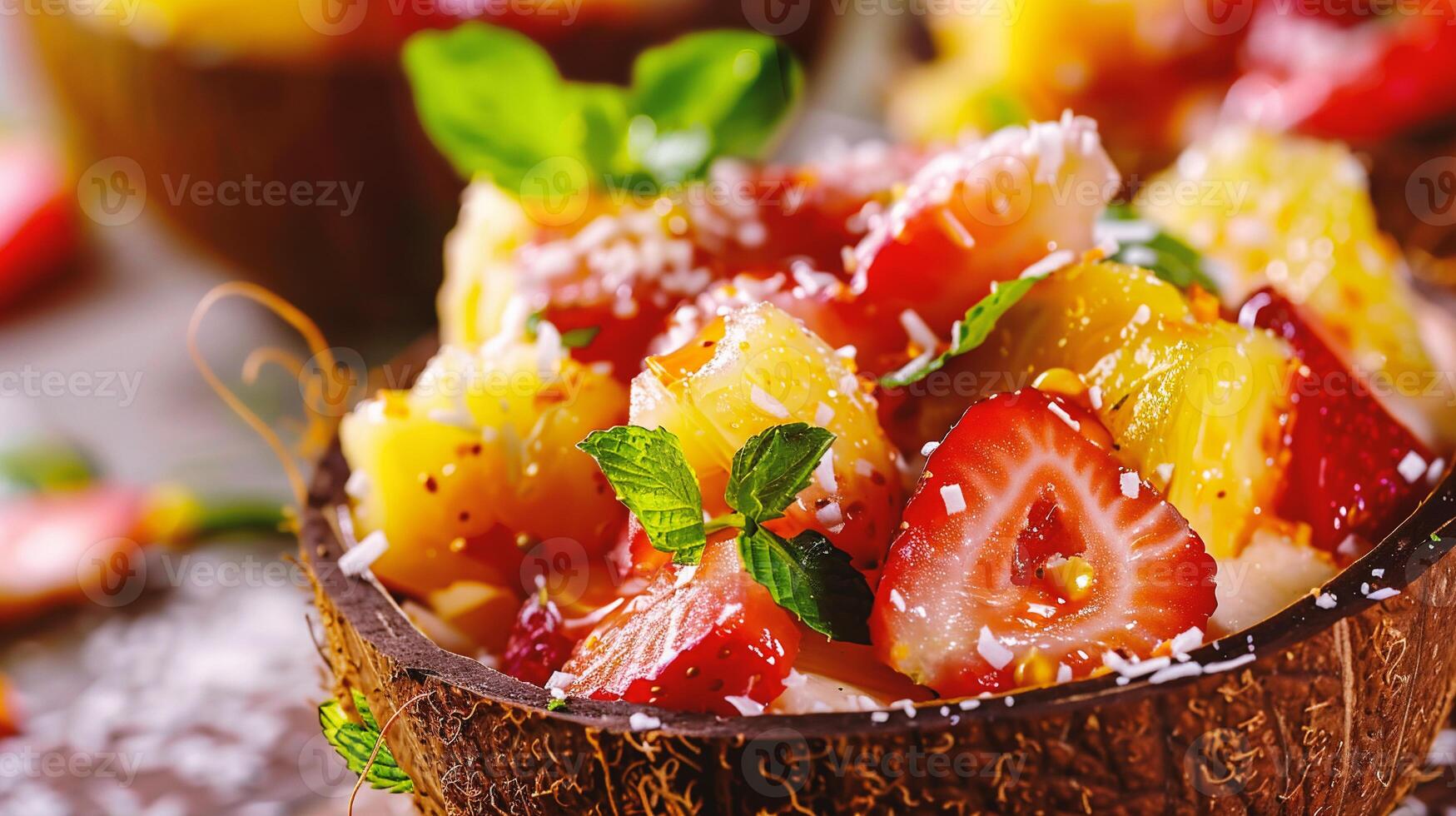 ai généré Frais fruit salade avec des fraises, kiwi, mangue et noix de coco photo