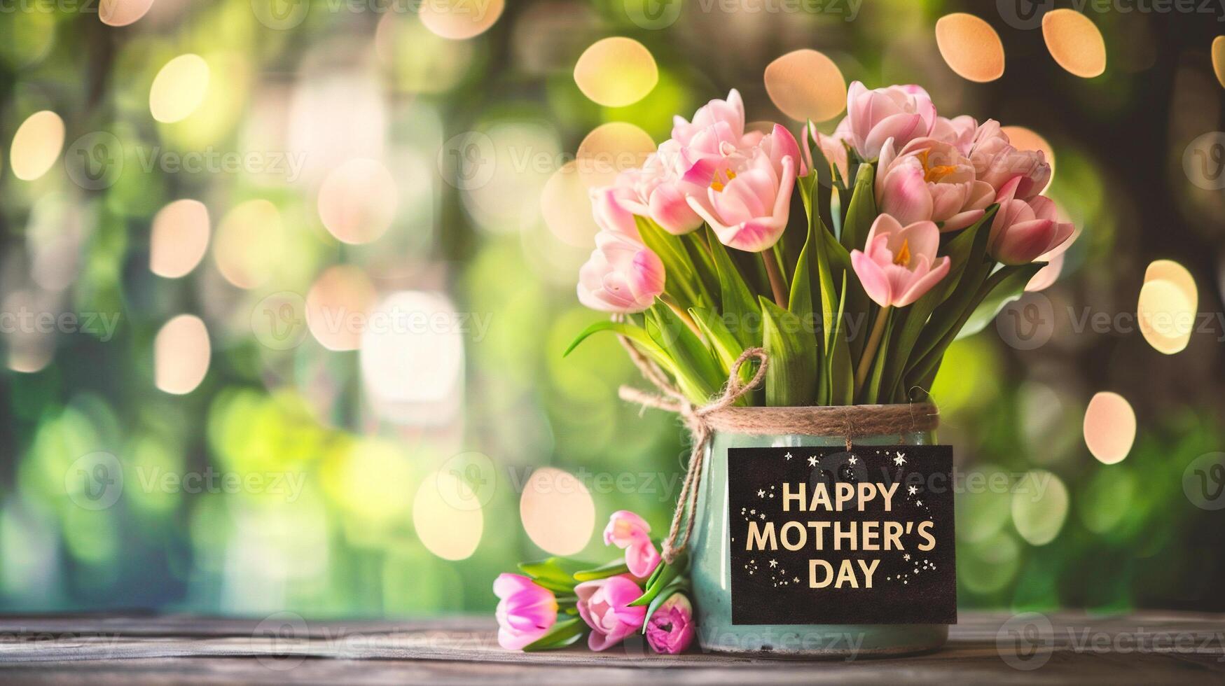 ai généré bouquet de tulipes dans une vase et le une inscription content de la mère journée photo