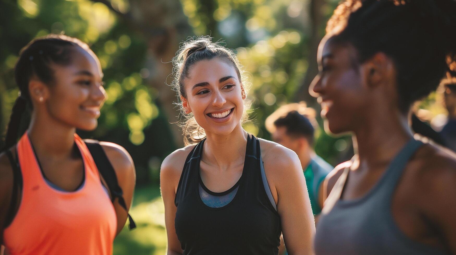 ai généré groupe de copains exercice ensemble dans le parc. elles ou ils sont souriant et à la recherche à caméra. photo