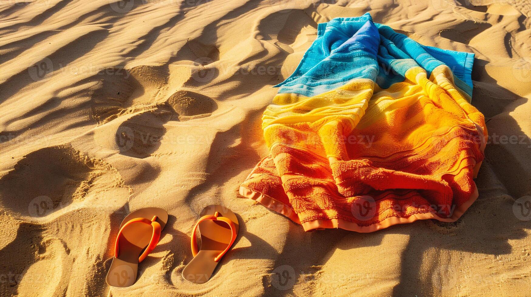 ai généré plage serviette, retourner flops et des lunettes de soleil sur le sable à le coucher du soleil photo