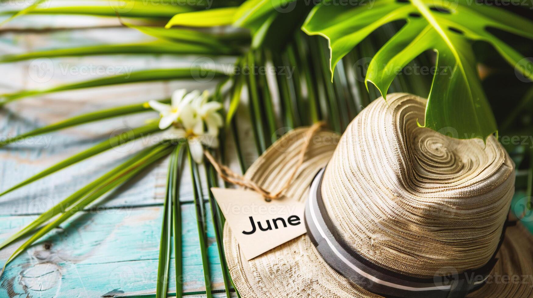 ai généré été Contexte avec paille chapeau, tropical paume feuille et une inscription juin photo