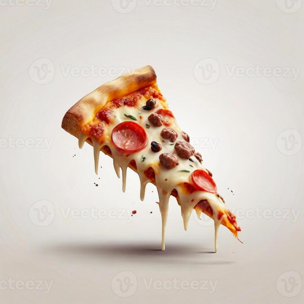 ai généré une tranche de croustillant Pizza réaliste avec Viande et fromage blanc Contexte photo