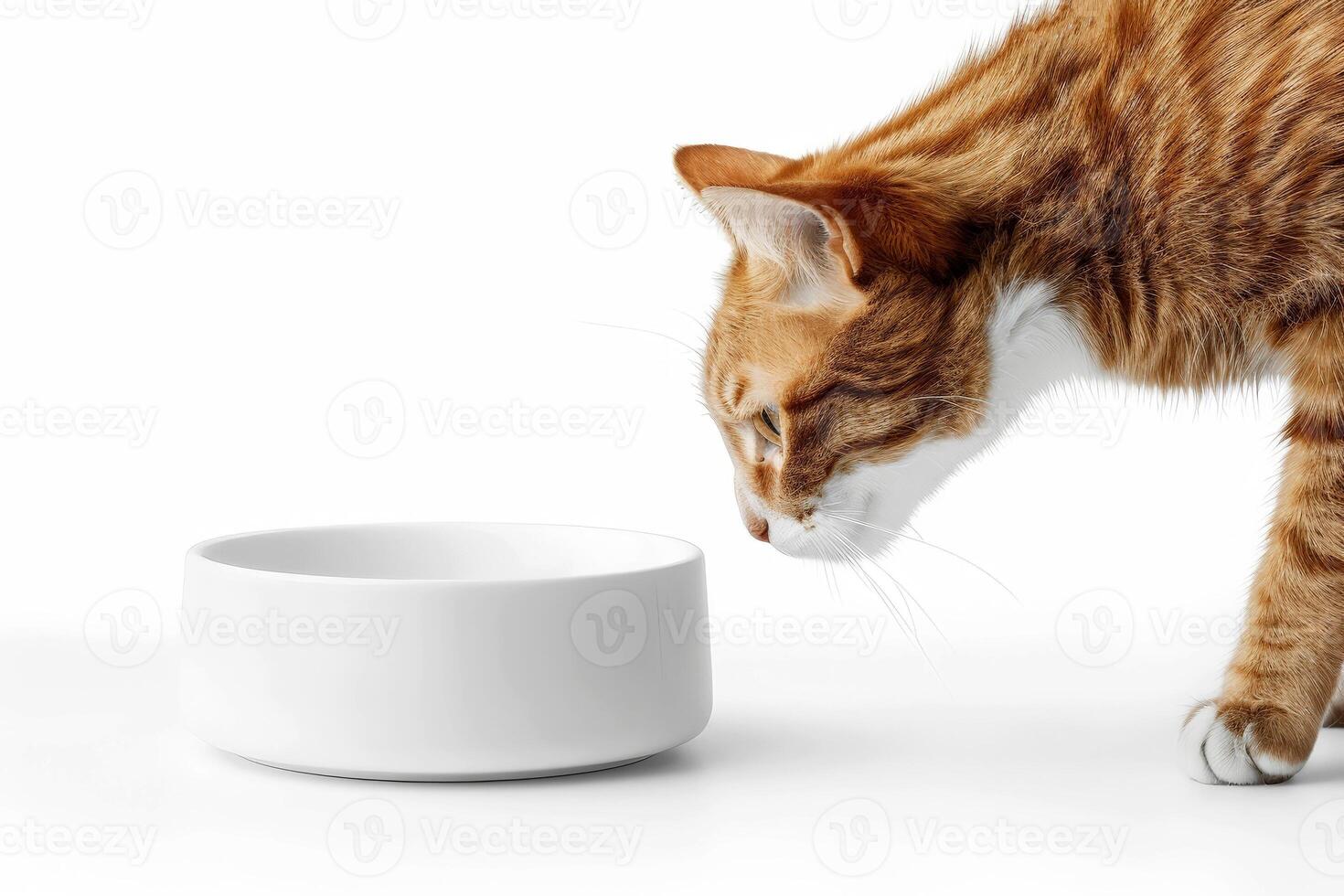 ai généré chat près blanc céramique bol animal de compagnie nourriture pour maquette . ai génératif photo