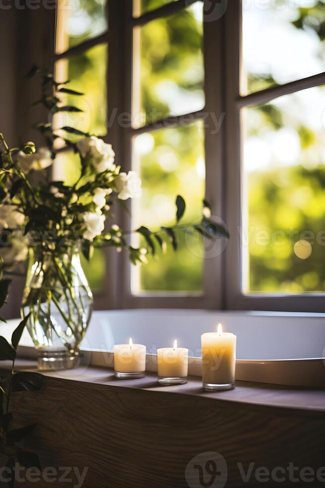 ai généré blanc fleurs dans vase par fenêtre dans salle de bains. ai généré photo