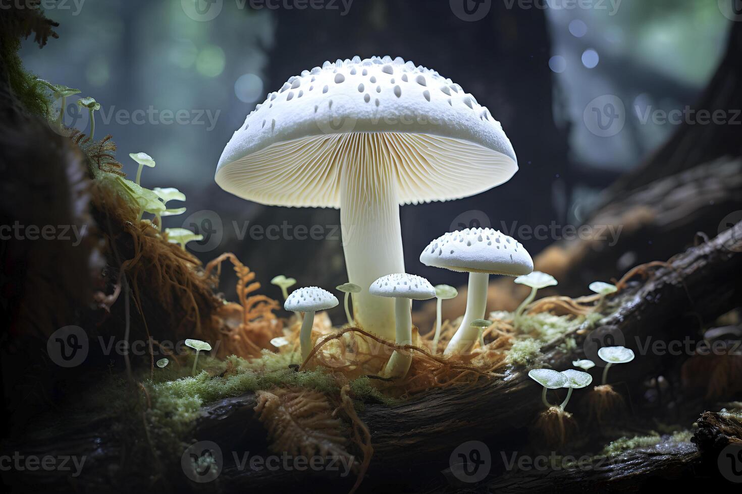 ai généré groupe de blanc champignons sur forêt. ai généré photo