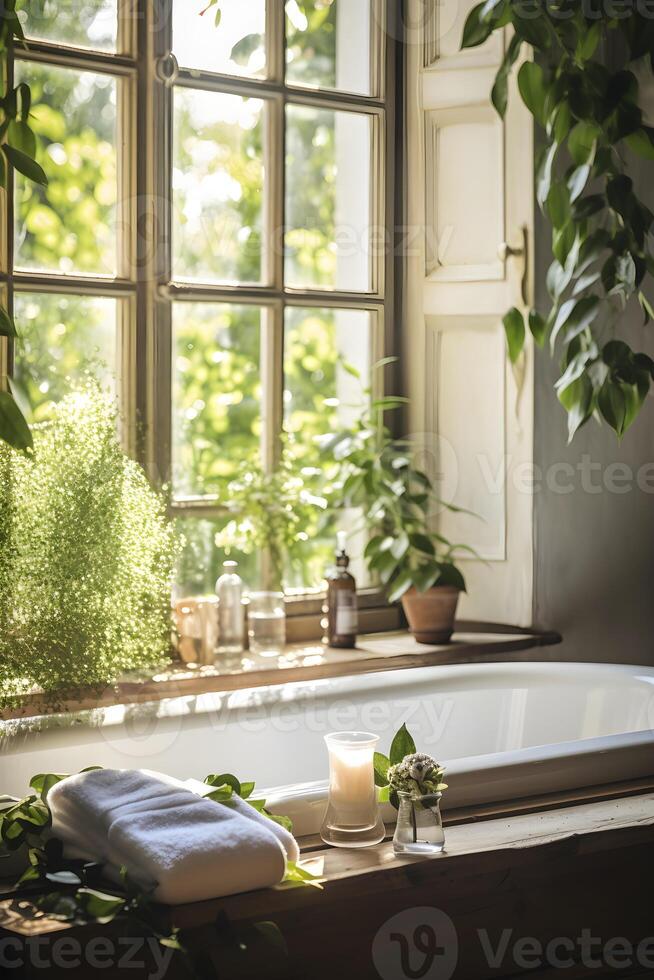 ai généré salle de bains avec les plantes et bougies par la fenêtre. ai généré photo