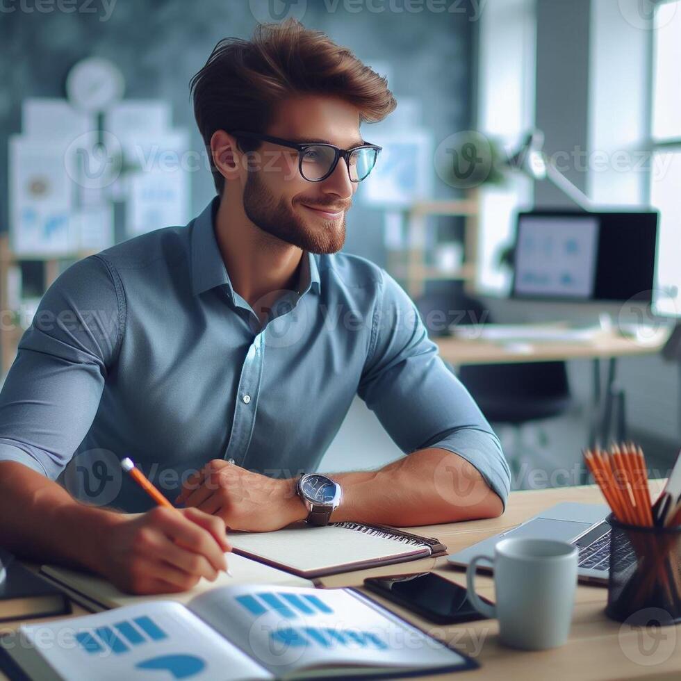 ai généré une homme d'affaire travaux derrière une portable. entreprise lieu de travail. photo pro produire ai