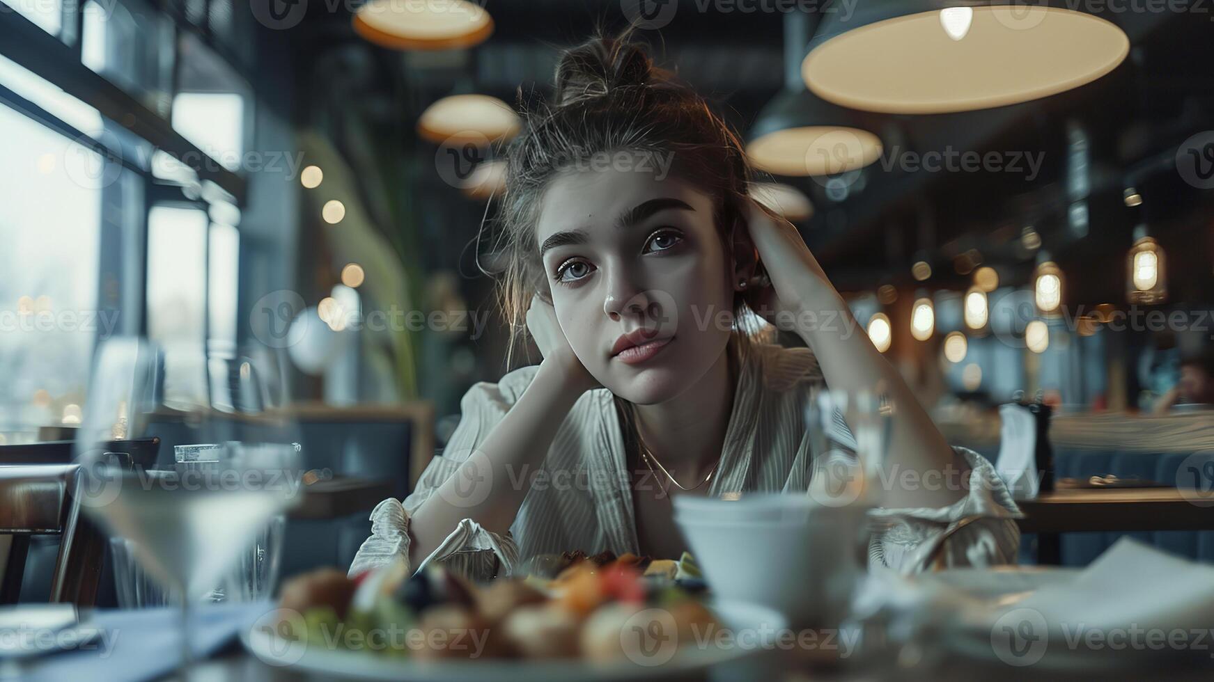 ai généré jolie Jeune femme dans restaurant, jolie Jeune femme en mangeant dans le restaurant, restaurant scène photo