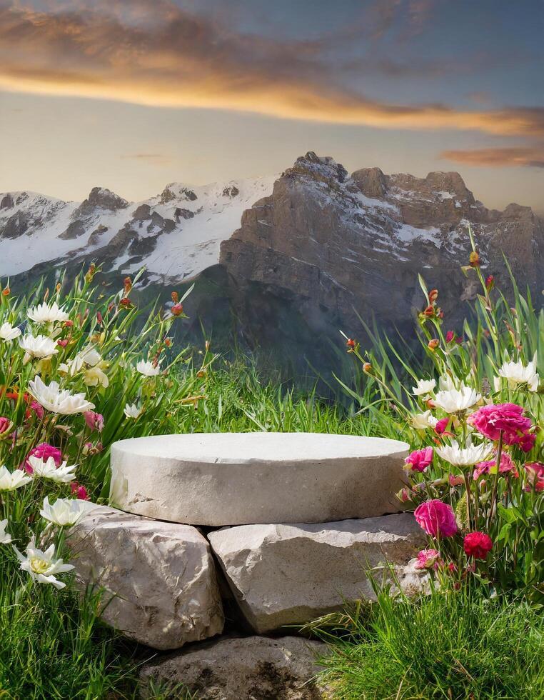 ai généré pierre podium entouré par fleurs et vert herbe avec Montagne vue Contexte photo