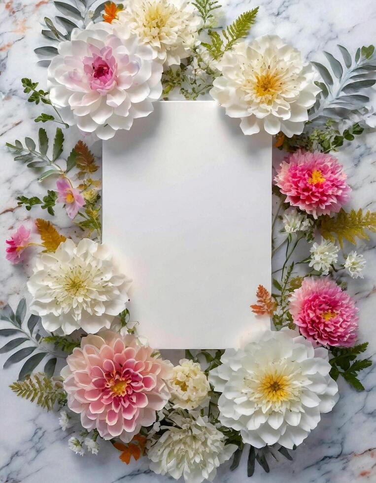 ai généré floral mariage invitation carte maquette, plat allonger vide cadre, Vide papier avec floral photo