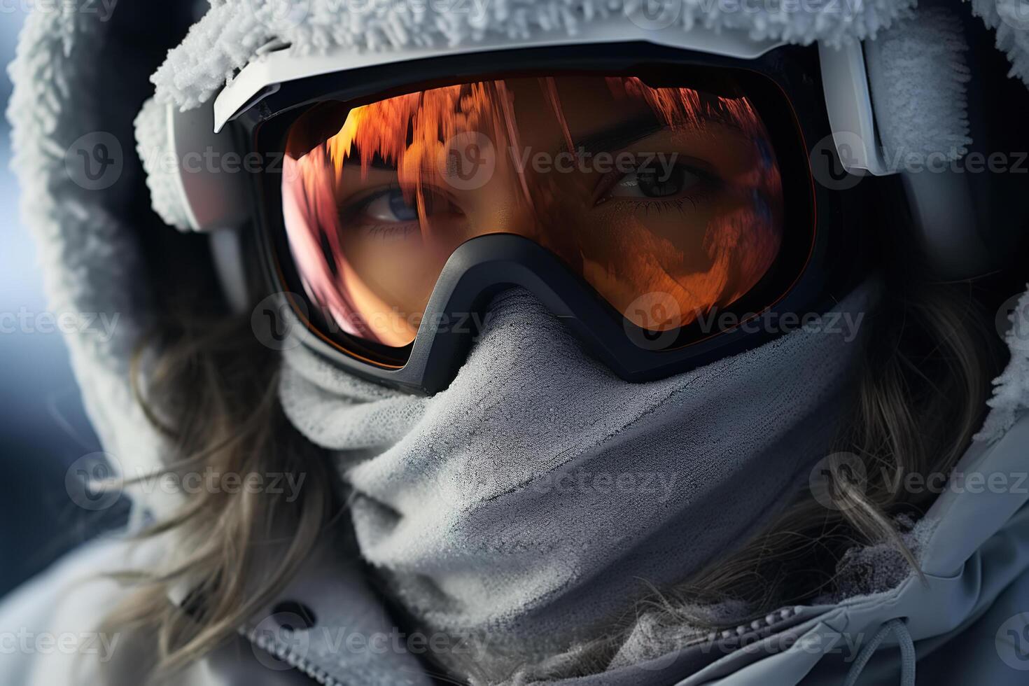 ai généré hiver des sports, visage fermer de femme snowboarder ou skieur dans vêtements d'extérieur, masque et écharpe en plein air à la recherche à caméra photo