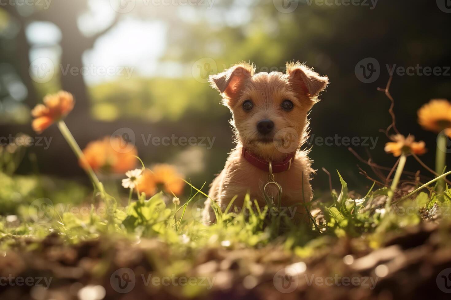 ai généré mignonne chiot dans la nature sur ensoleillé jour, animal de compagnie séance dans parc sur herbe photo