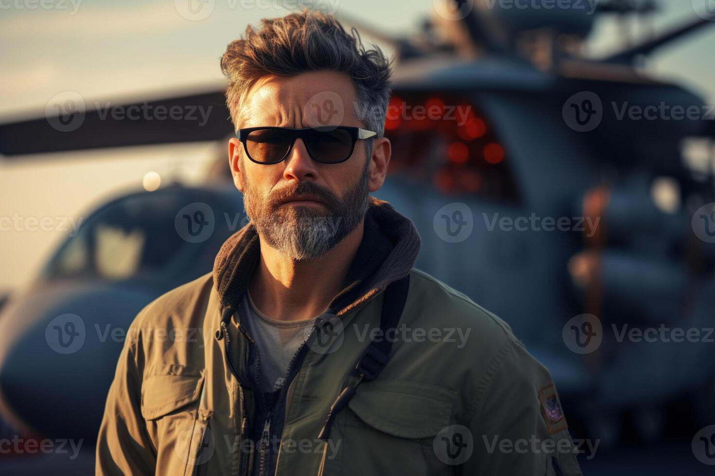 ai généré militaire hélicoptère pilote, portrait de une sérieux adulte air Obliger homme dans des lunettes de soleil à une militaire base en plein air photo