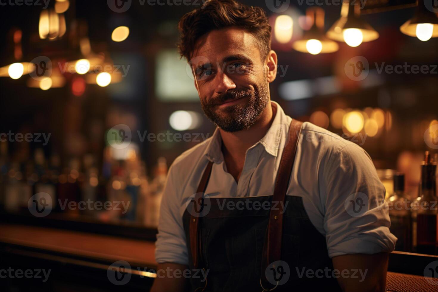 ai généré souriant Beau barbu gars barman dans un tablier permanent dans une pub et à la recherche à caméra photo