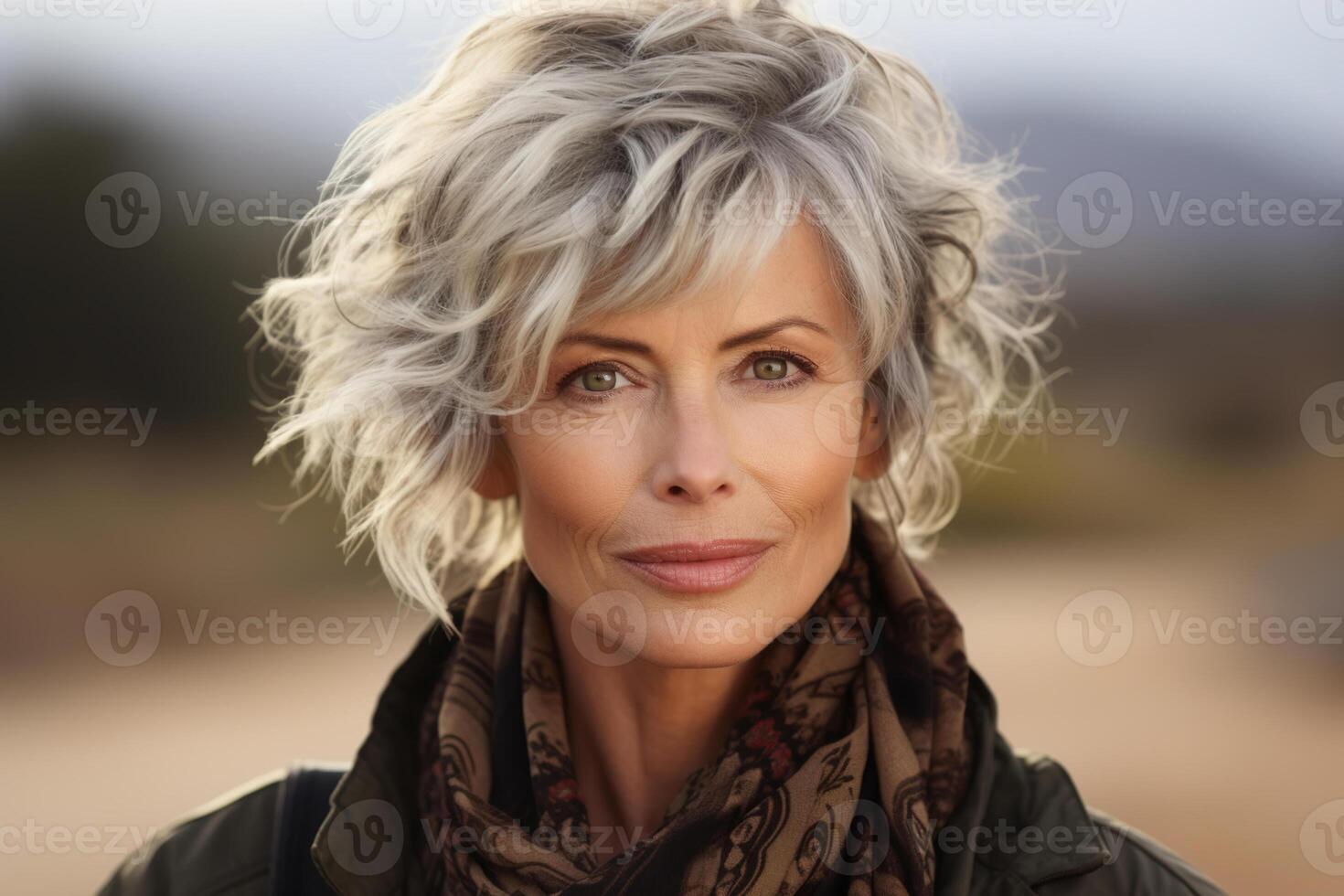 ai généré Sénior la féminité, portrait de un élégant âge moyen Dame femme avec gris cheveux coiffure et vêtements d'extérieur en plein air à la recherche à caméra photo