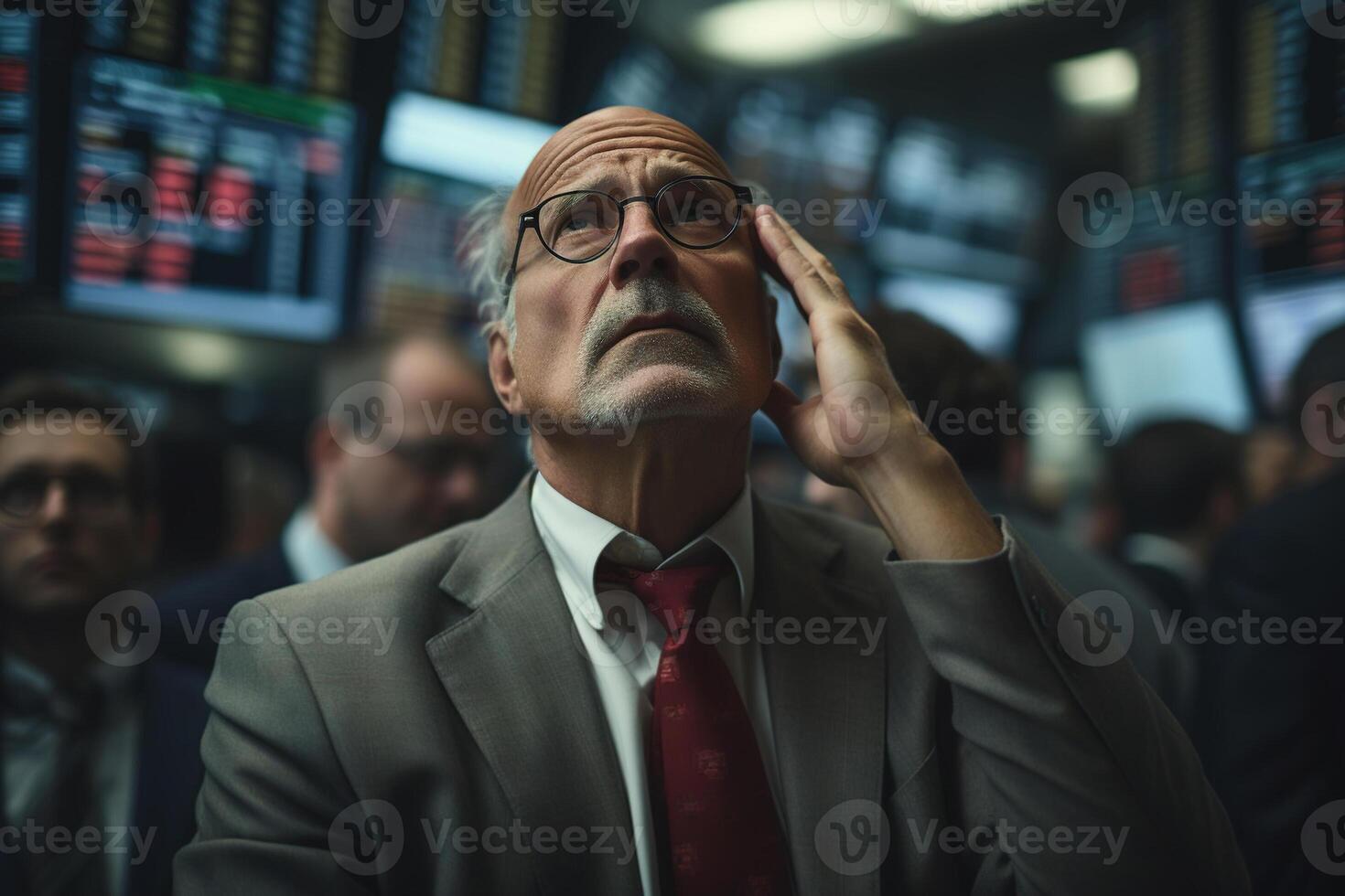 ai généré économique crise, chute Stock des prix. dérangé Sénior Commerçant courtier en portant le sien tête et à la recherche à graphiques sur Stock échange photo