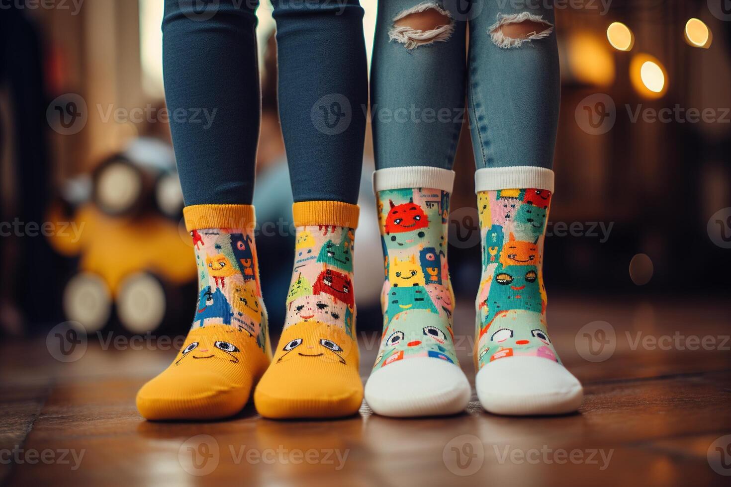 ai généré les enfants portant marrant humoristique coloré chaussettes à l'intérieur, fermer de pieds. impair chaussettes journée concept photo