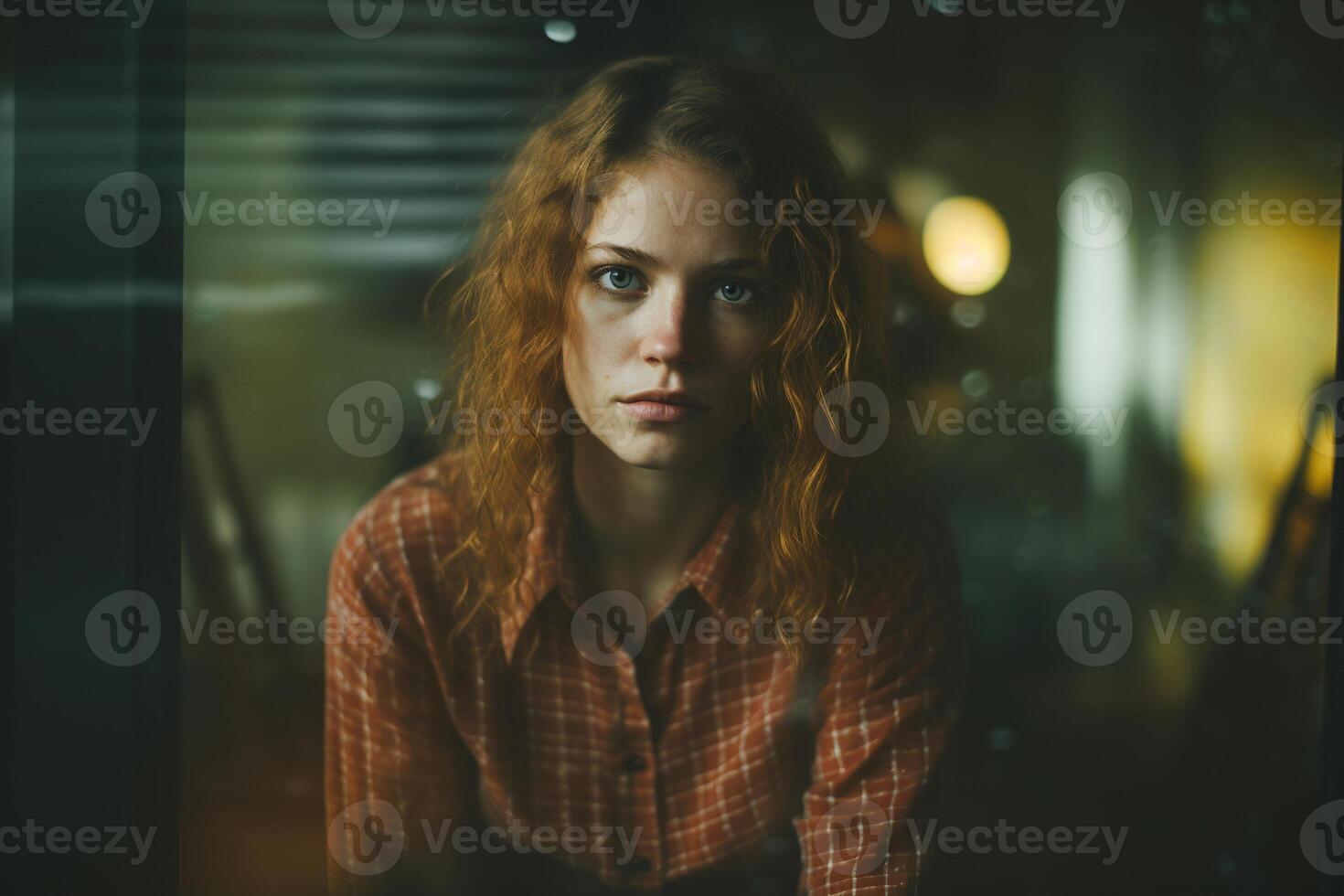 ai généré mélancolie, dépression, aux femmes mental santé. portrait de une fatigué triste femme à la recherche à caméra, vue par fenêtre photo