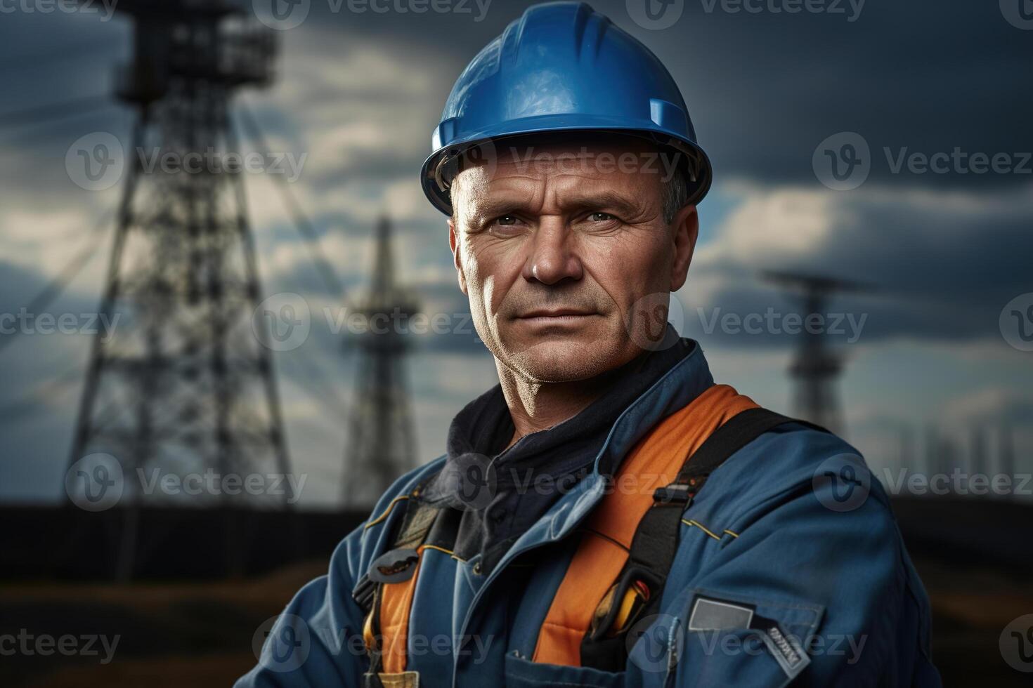 ai généré électrique réseau ingénieur, portrait de une sérieux concentré adulte Masculin électricien dans une difficile chapeau contre Contexte de Puissance lignes en plein air à la recherche à caméra photo