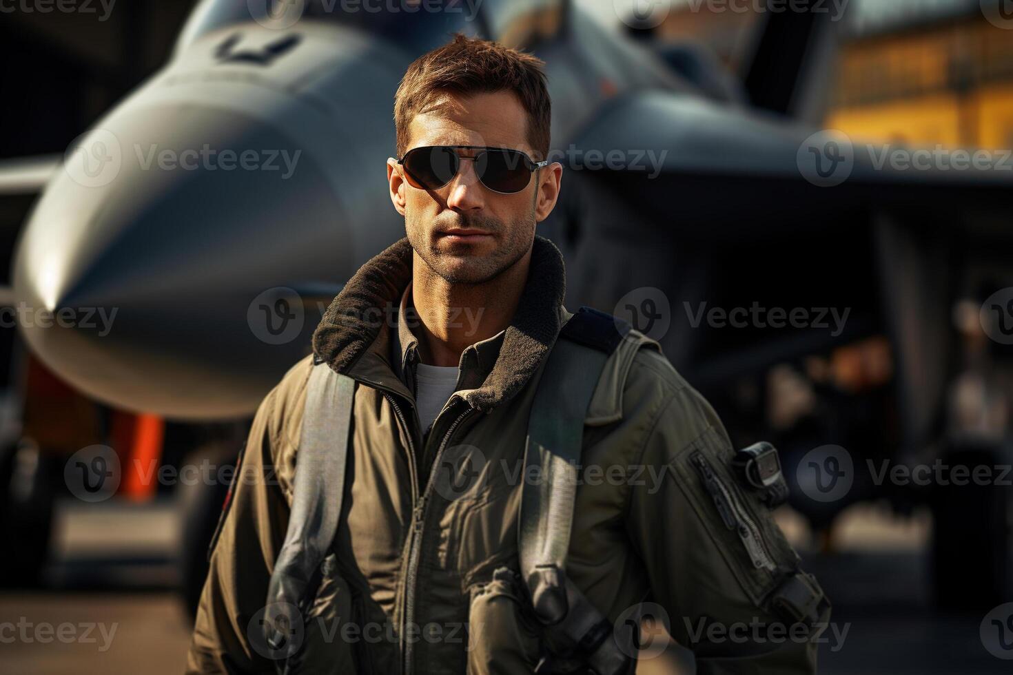 ai généré portrait de un adulte air Obliger militaire homme portant des lunettes de soleil sur une base en plein air. brutal militaire combattant pilote photo