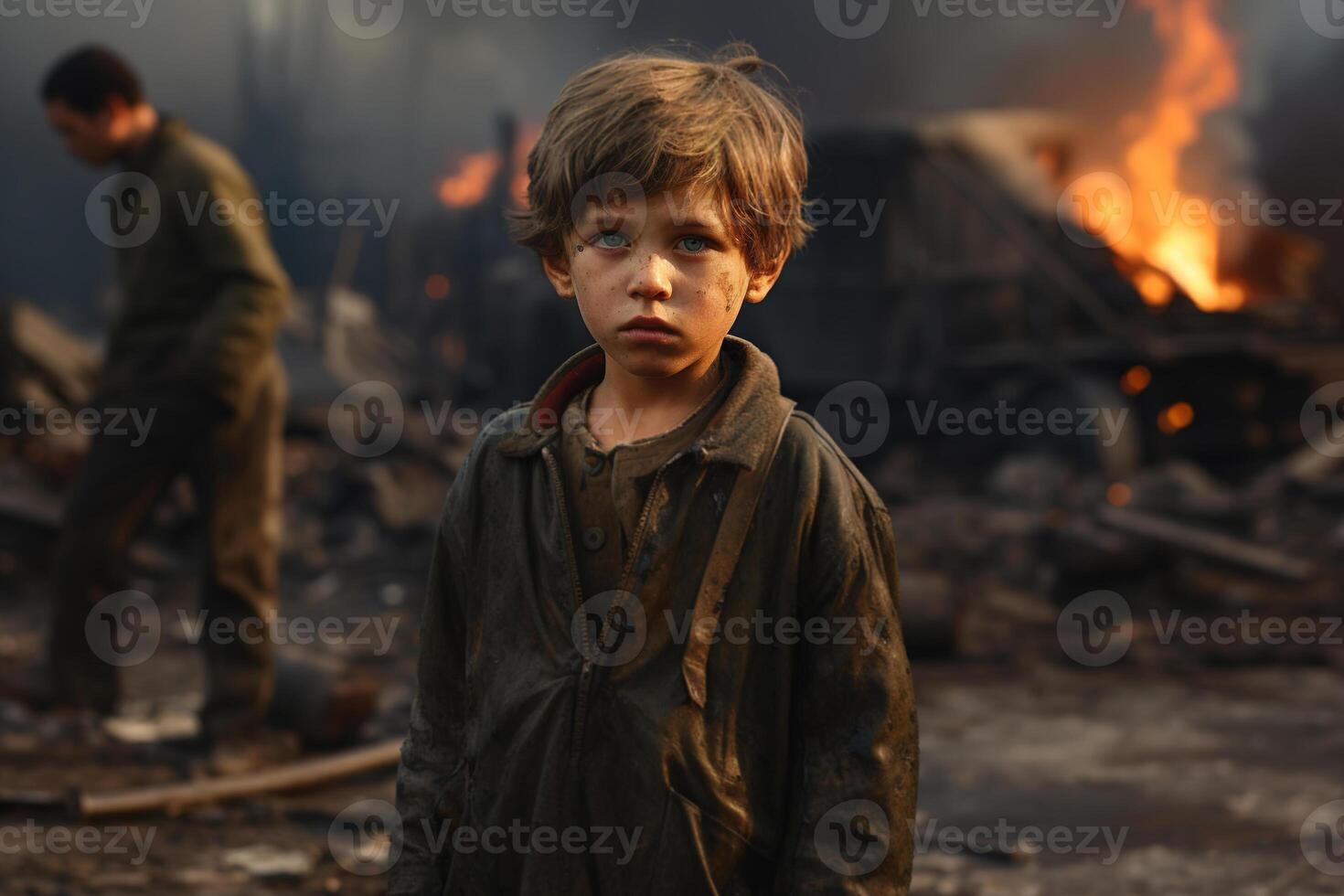 ai généré enfant garçon à guerre, triste orphelin dans sale vêtements permanent sur une détruit rue et à la recherche à caméra photo