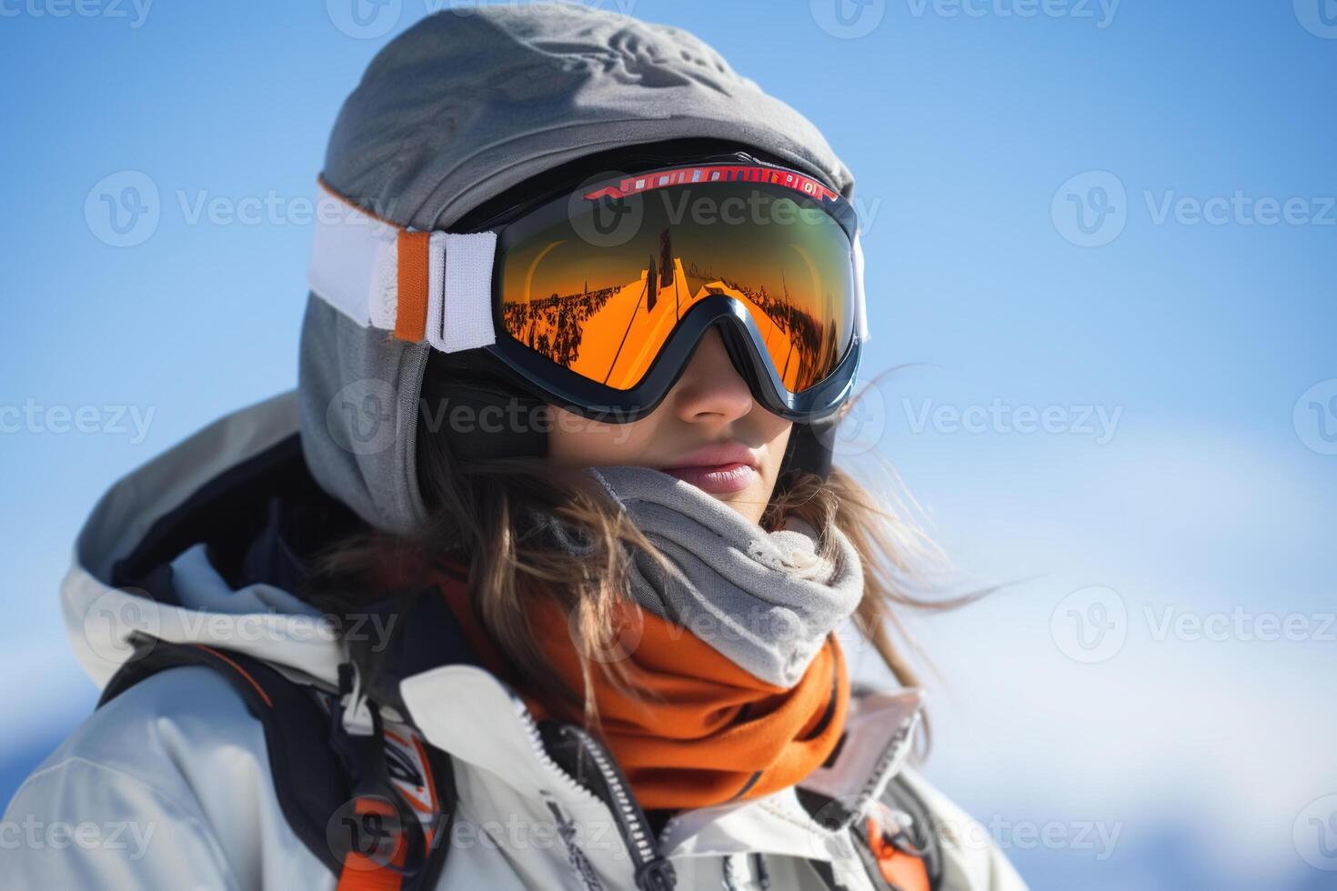 ai généré actif Jeune femme snowboarder ou skieur dans vêtements d'extérieur et masque dans neigeux montagnes à la recherche une façon en plein air, hiver des sports photo