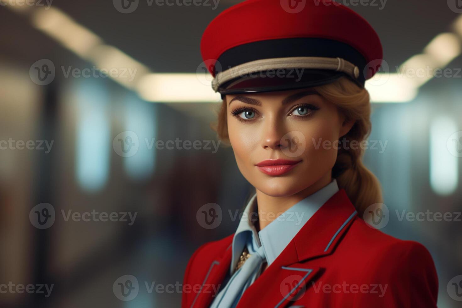 ai généré portrait de une magnifique sur de soi Jeune femme professionnel vol préposé ou pilote dans une rouge uniforme à l'intérieur à la recherche à caméra photo