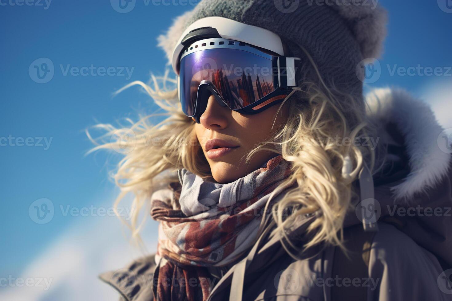 ai généré côté vue de femme snowboarder ou skieur dans vêtements d'extérieur et masque dans neigeux montagnes à la recherche une façon en plein air, hiver des sports photo