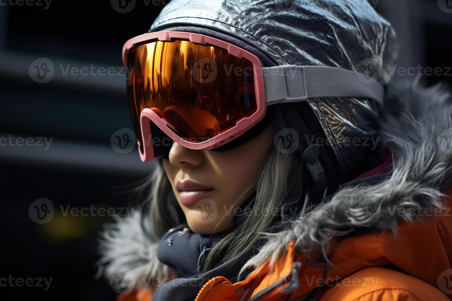 ai généré hiver des sports, côté vue caucasien femme snowboarder ou skieur dans vêtements d'extérieur et masque en plein air photo