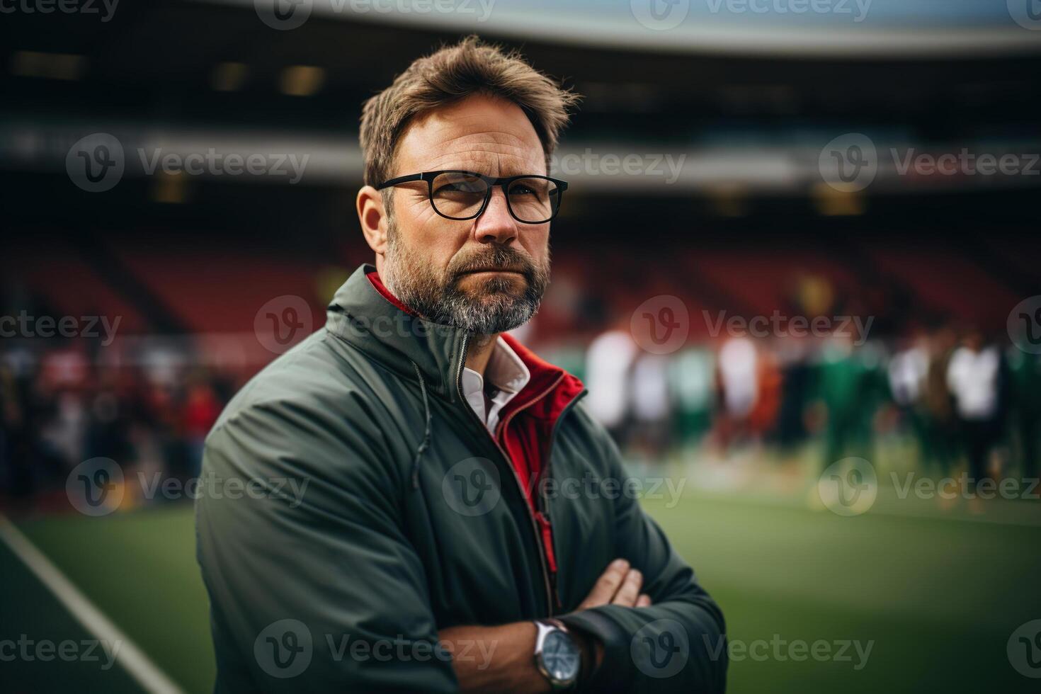 ai généré sérieux adulte Masculin Football instructeur à équipe formation à un Extérieur stade, portrait de football entraîneur avec plié mains sur des sports champ photo