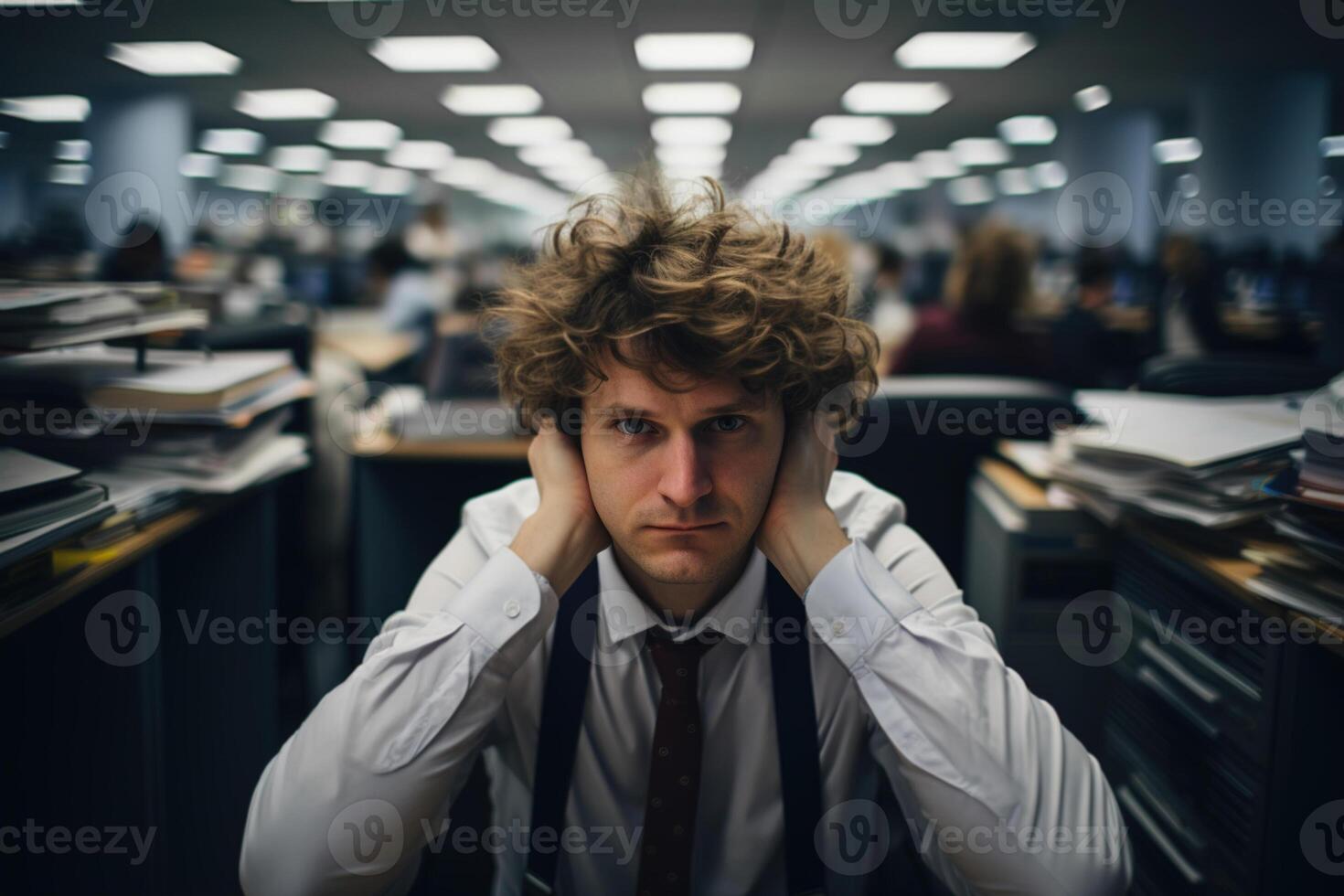 ai généré date limite, désespéré Bureau ouvrier à lieu de travail dans une pile de papiers. de face vue de une confus fatigué homme dans une attacher et chemise en portant le sien tête à l'intérieur photo