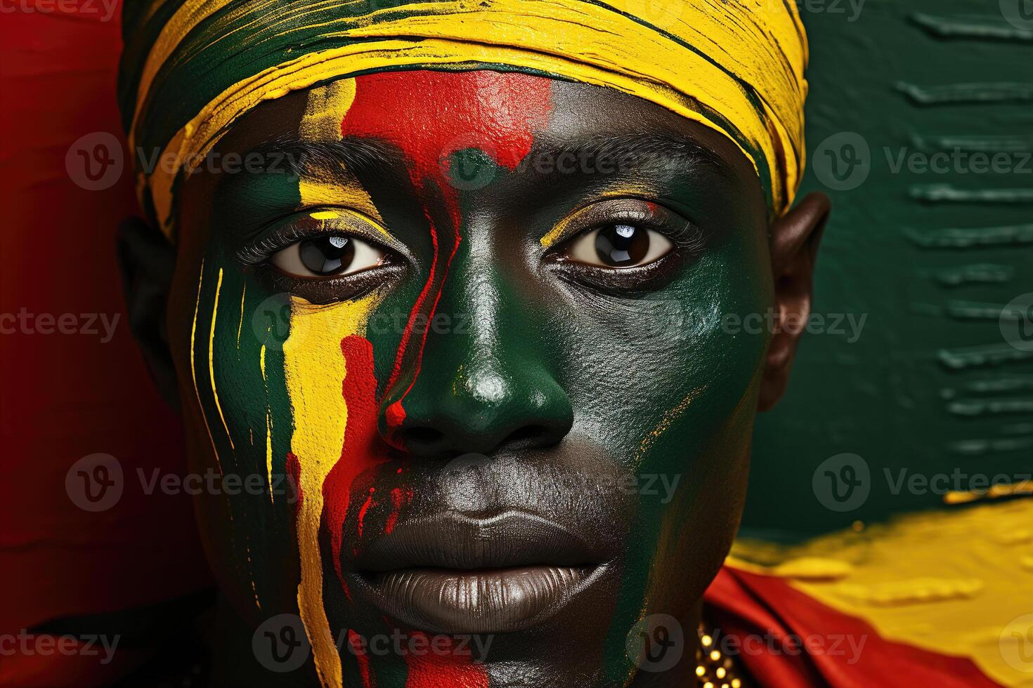 ai généré portrait de un africain américain homme avec maquillage dans traditionnel noir histoire mois couleurs, sur de soi adulte homme à la recherche à caméra photo