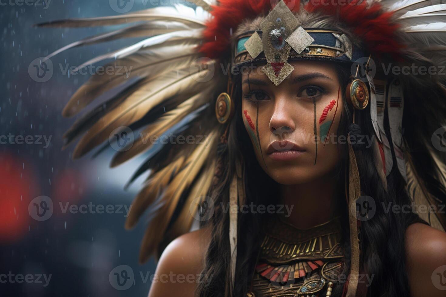 ai généré portrait de une magnifique américain Indien originaire de femme en plein air photo