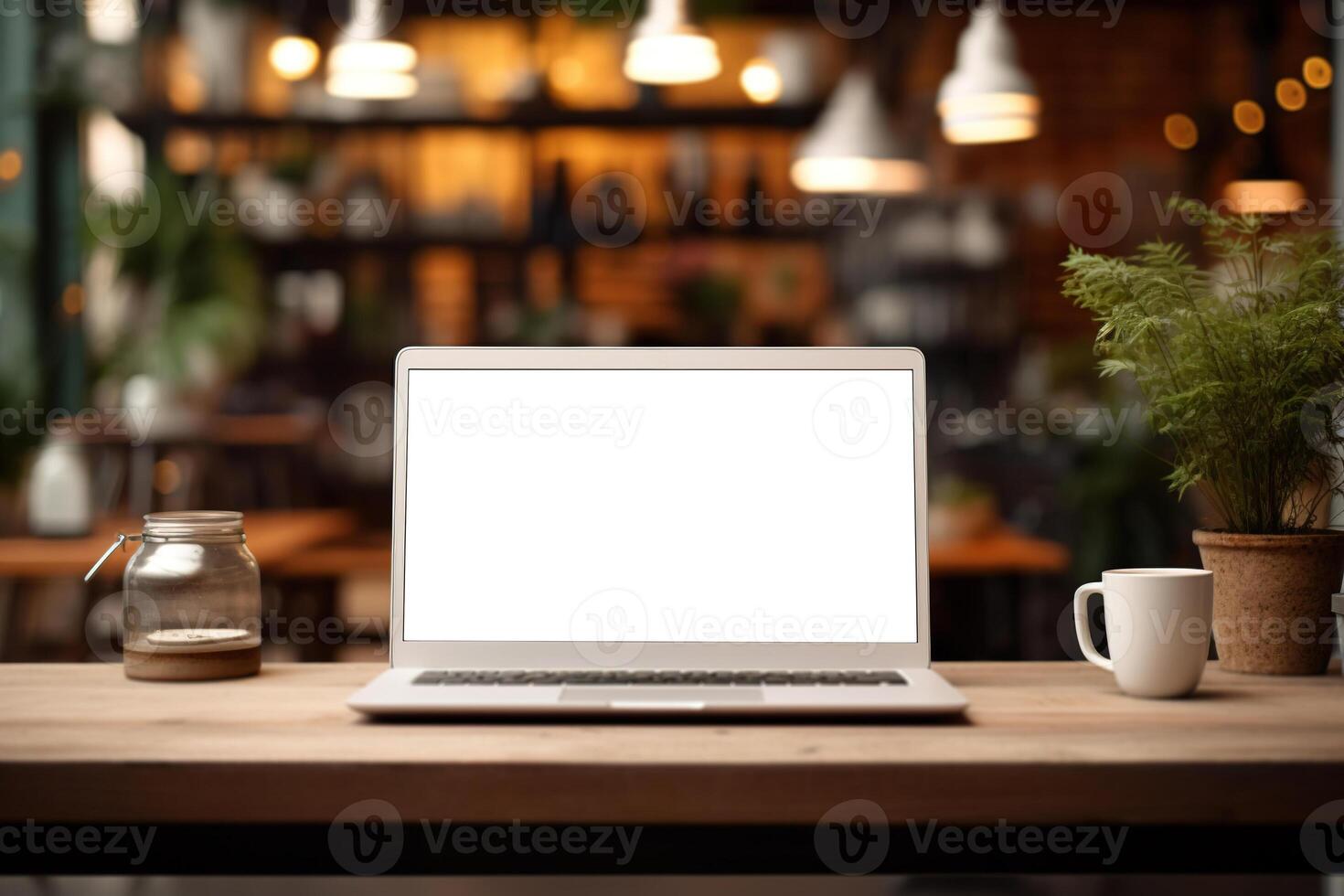 ai généré de face vue de une portable maquette permanent sur une cotravail tableau, avec une blanc Vide écran dans une café grenier intérieurs, à l'intérieur photo