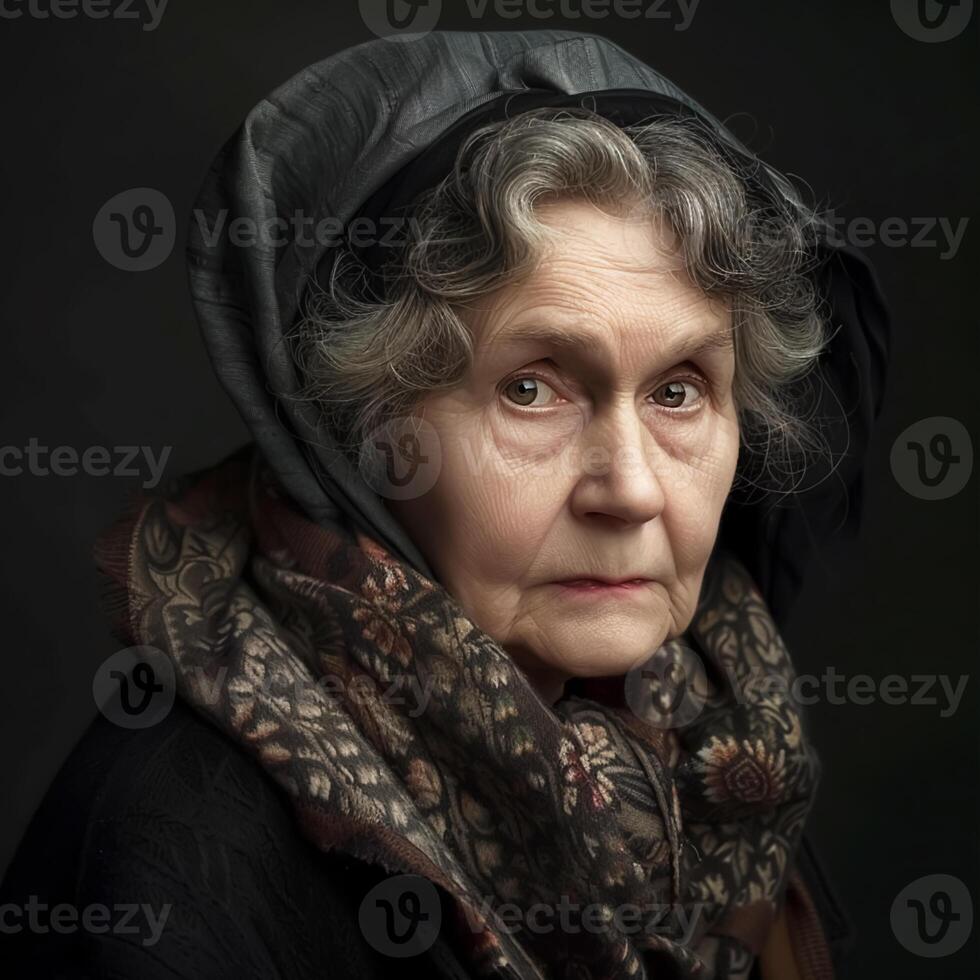 ai généré portrait de personnes âgées femme en regardant, isolé sur foncé Contexte. photo