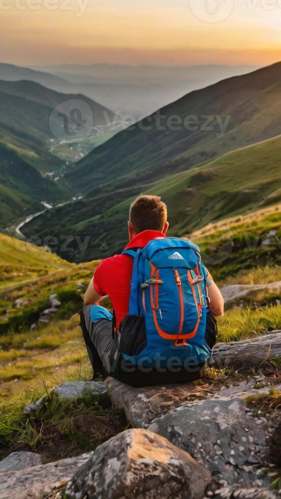 ai généré Montagne Voyage une randonnée gens aventure homme été périple tourisme groupe le coucher du soleil randonnée. une randonnée Voyage gens marcher actif sac à dos la nature ensemble sport Jeune Extérieur touristique promeneur la personne photo