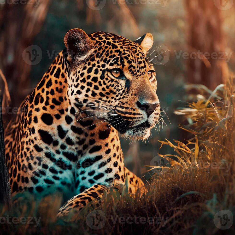 ai généré majestueux Pointé jaguar, contemplant la nature photo