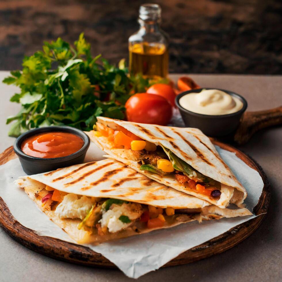 ai généré mexicain Quesadilla tranché avec des légumes et sauces sur le tableau, doux éclairage photo