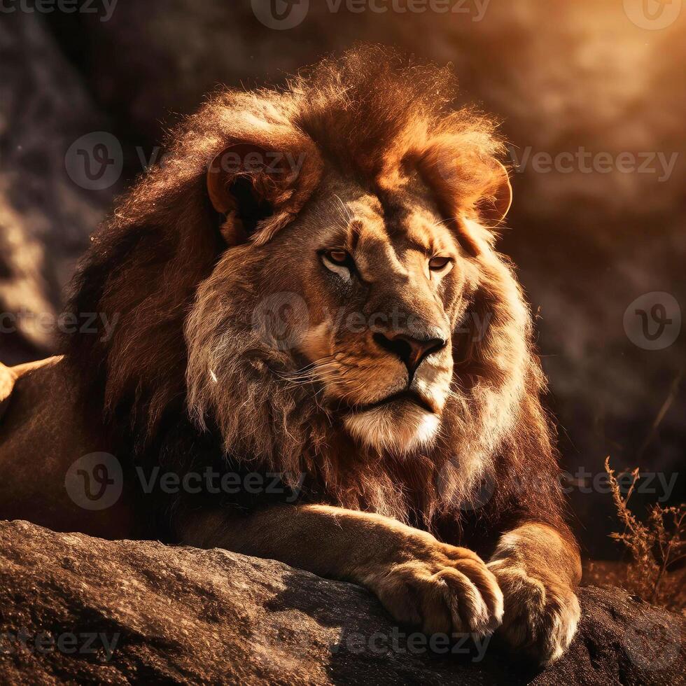 ai généré Lion repos contre une Roche dans le chaud lumière du soleil, doux lumière photo