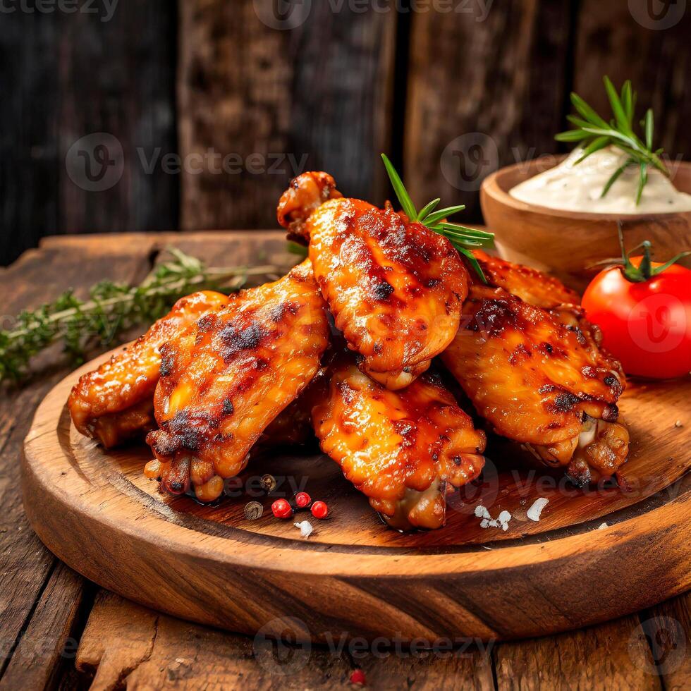 ai généré grillé buffle poulet ailes sur une rustique en bois assiette photo