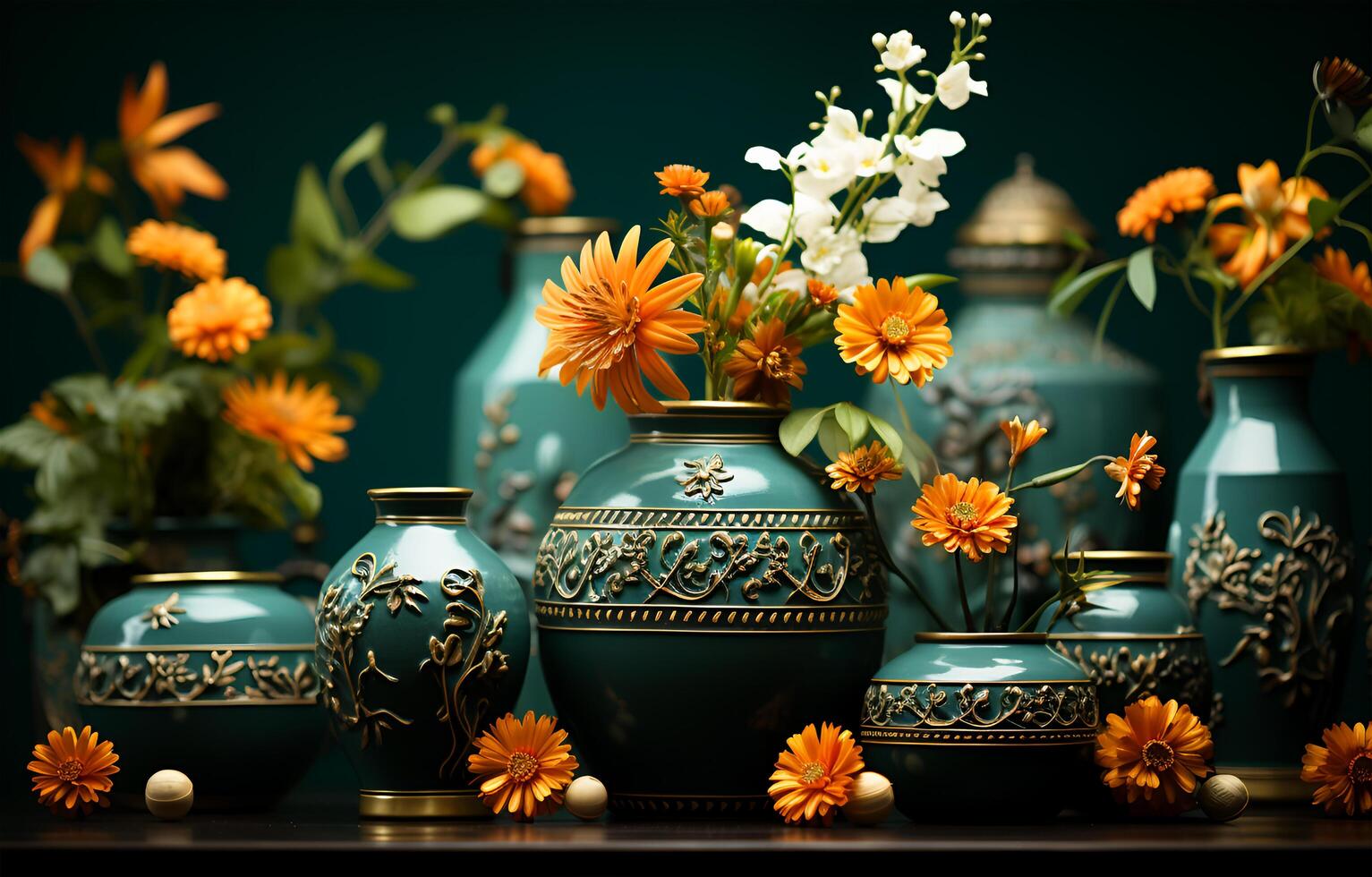 ai généré vue de magnifique fleurs et des vases de différent couleurs à décorer le maison sur une table photo