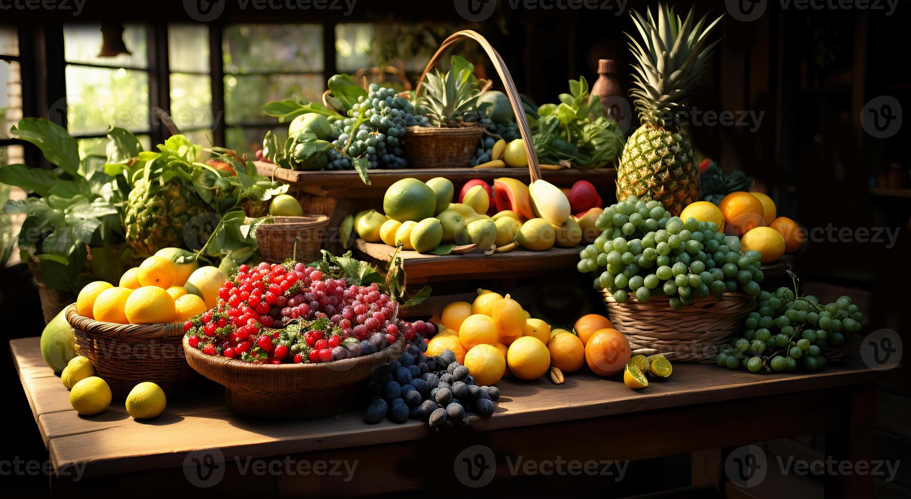 ai généré divers délicieux en bonne santé des fruits multicouche dans en bois style dans une magasin photo