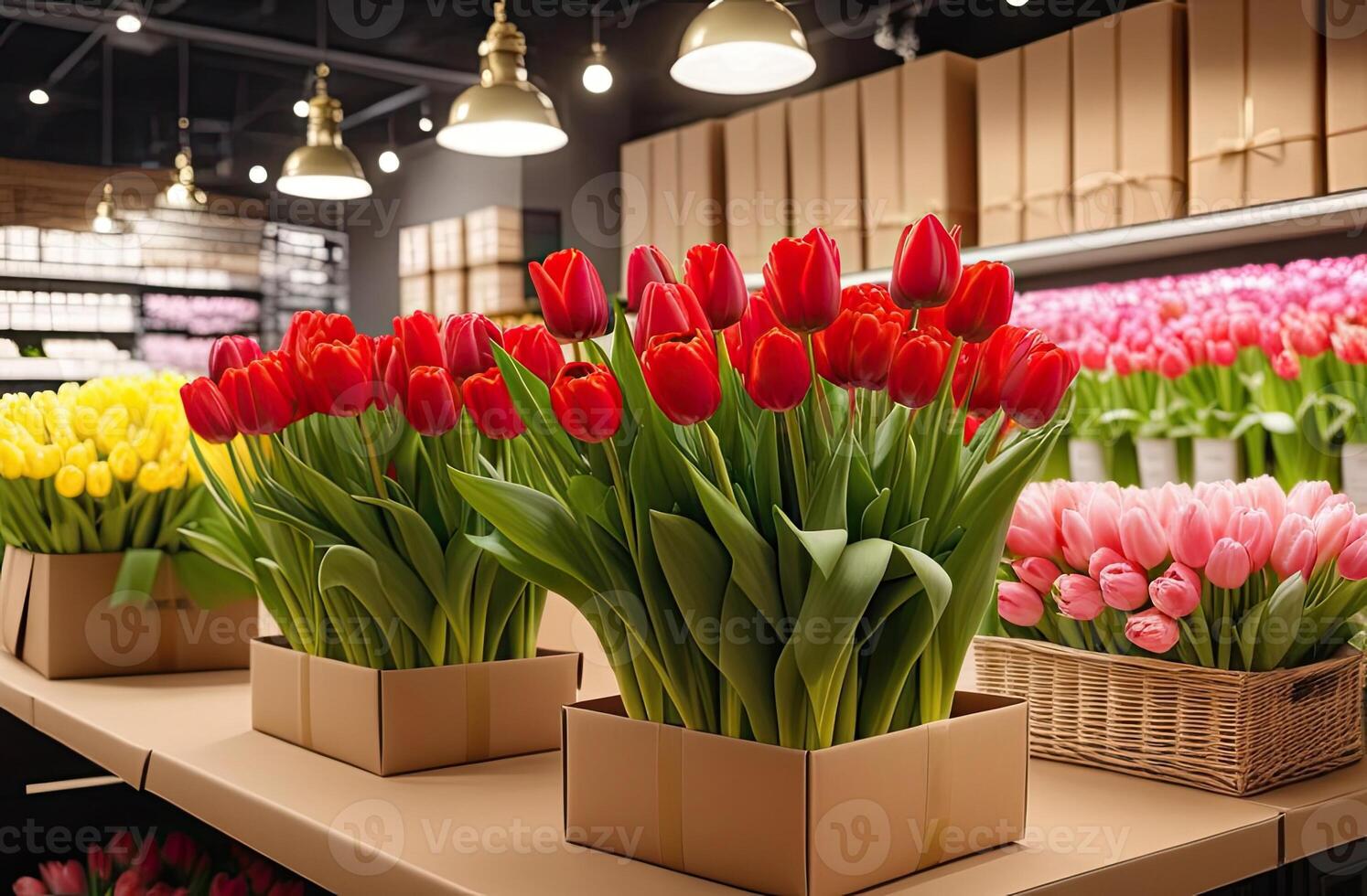 ai généré coloré bouquets de tulipes dans une fleur magasin - Frais Couper fleurs dans des boites et des vases dans une entrepôt et racks pour vente, livraison pour le vacances. printemps, Mars 8, aux femmes jour, anniversaire. photo