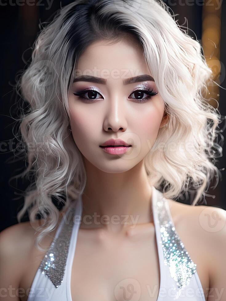 ai généré fermer magnifique femme avec Créatif maquillage avec briller, de fête maquillage pour une faire la fête, Nouveau année, disco, vacances photo