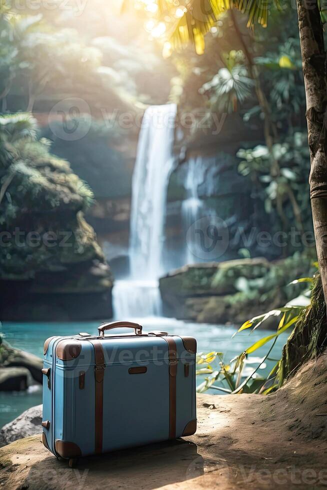 ai généré bleu valise sur le Contexte de une cascade dans le forêt tropicale. voyage, trekking tour à sauvage, exotique lieux, tourisme, Extérieur activités. ai généré photo