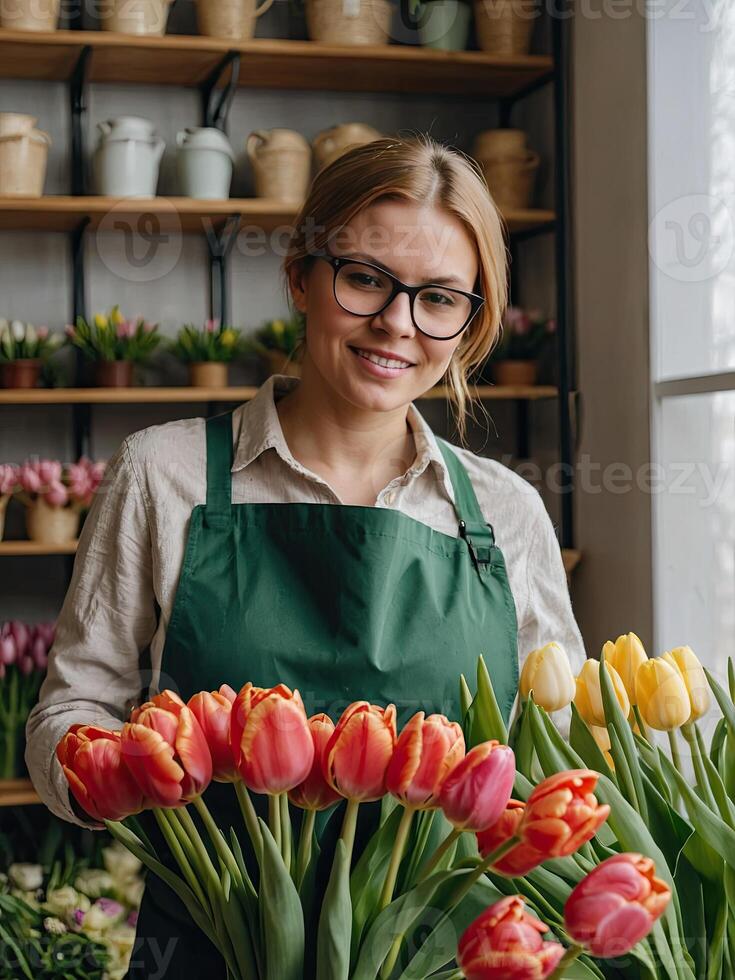 ai généré femme fleuriste recueille une bouquet de tulipes - Frais Couper fleurs dans des boites et des vases dans fleur magasin et racks pour vente, livraison pour le vacances. printemps, Mars 8, aux femmes jour, anniversaire. photo