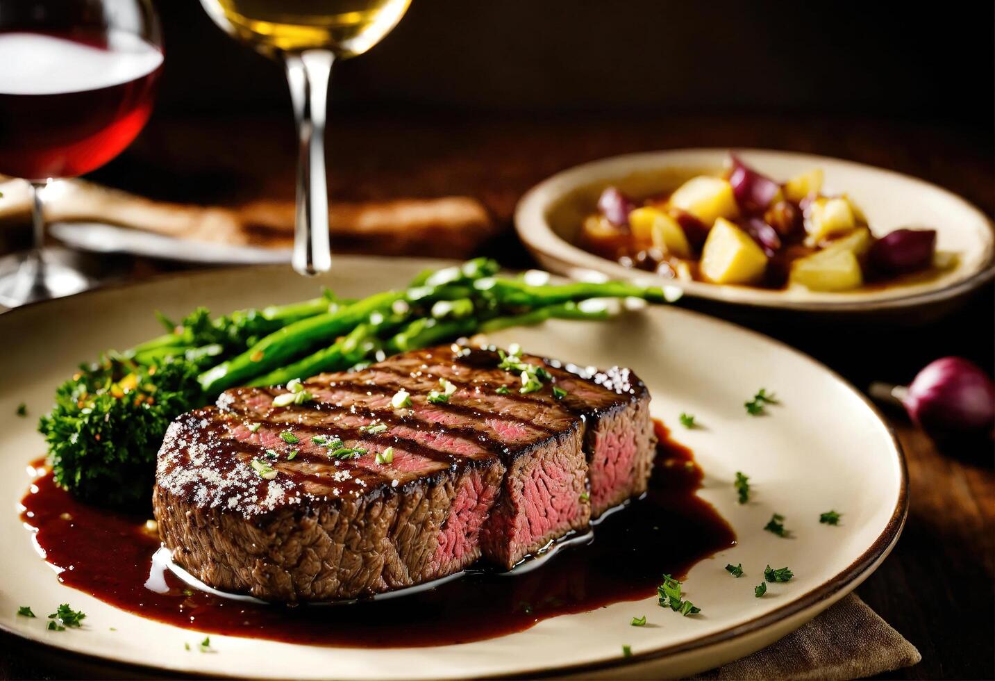 ai généré du boeuf steaks avec asperges et balsamique vinaigre. ai génératif photo