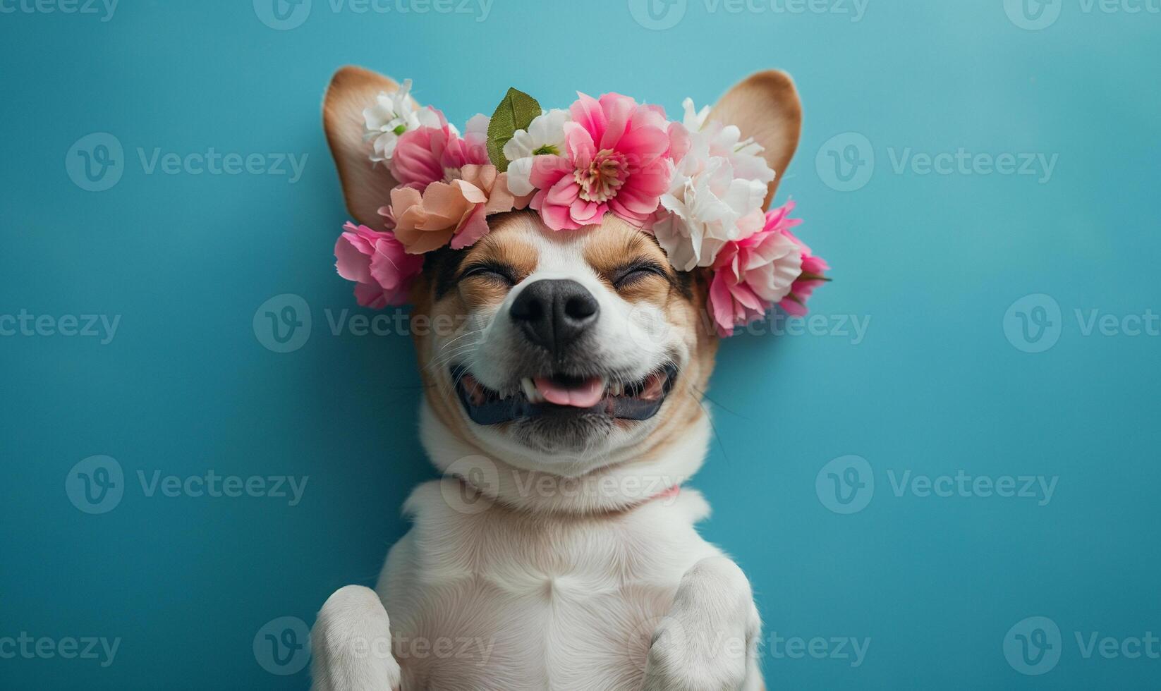 ai généré corgi chien orné avec épanouissement fleurs photo