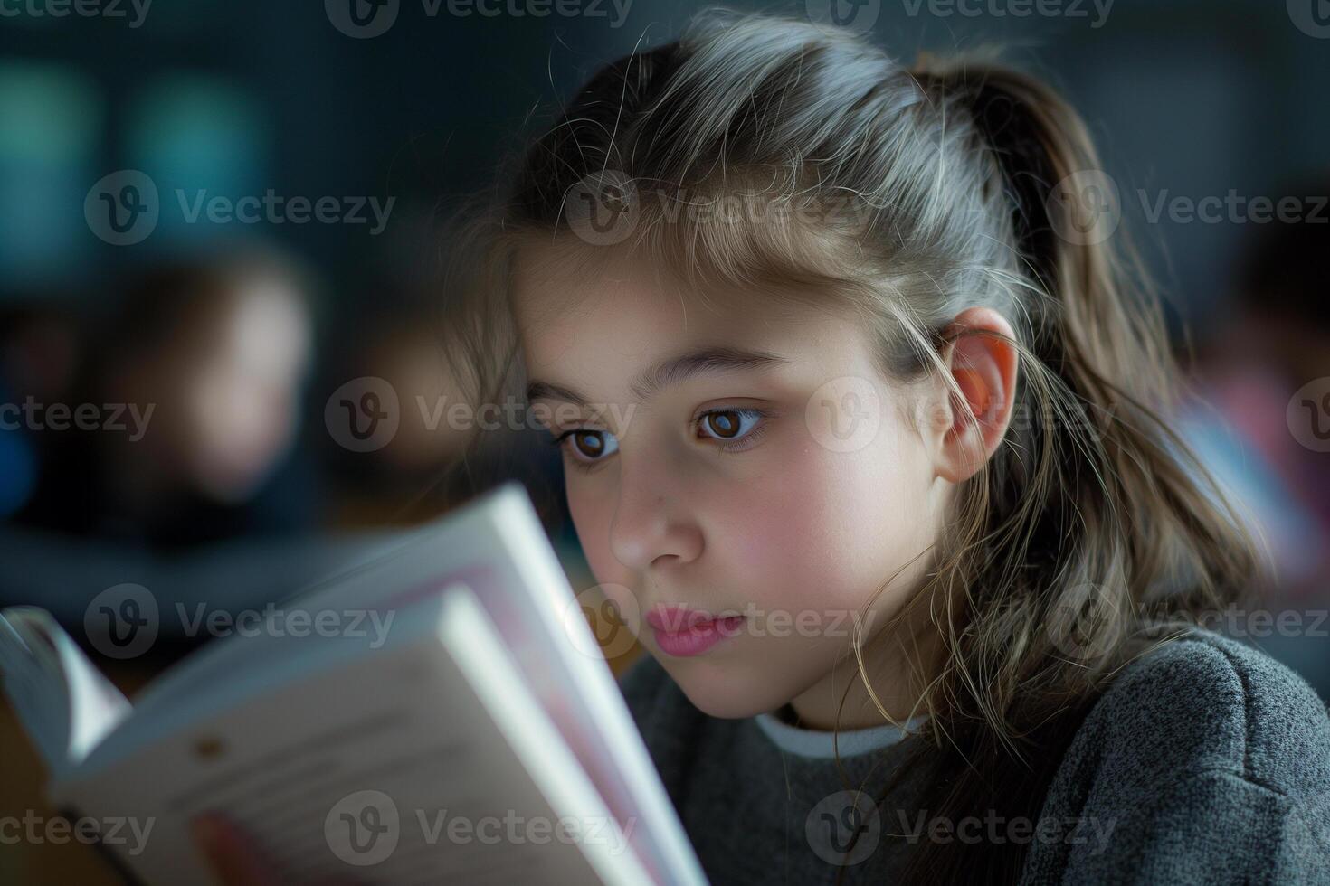 ai généré Jeune lecteur captivé dans une monde de livres photo