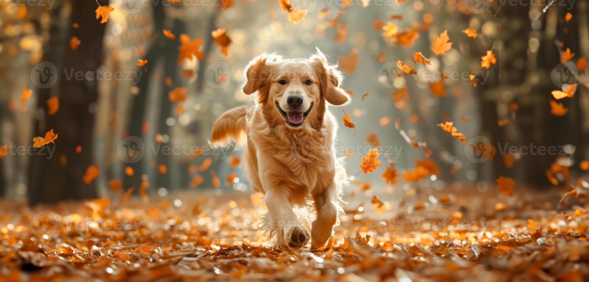 ai généré content d'or retriever en jouant dans l'automne feuilles photo